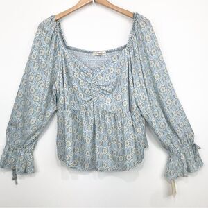 Rewind NEW Light Blue Floral Double Crepe Shirred Front Peasant Boho Blouse
